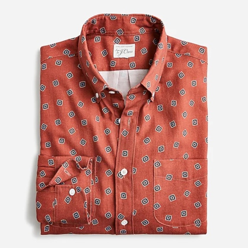 NWT J.Crew Men’s Cotton-Wool Challis Two-Pocket Shirt Rust Geometric size Large
